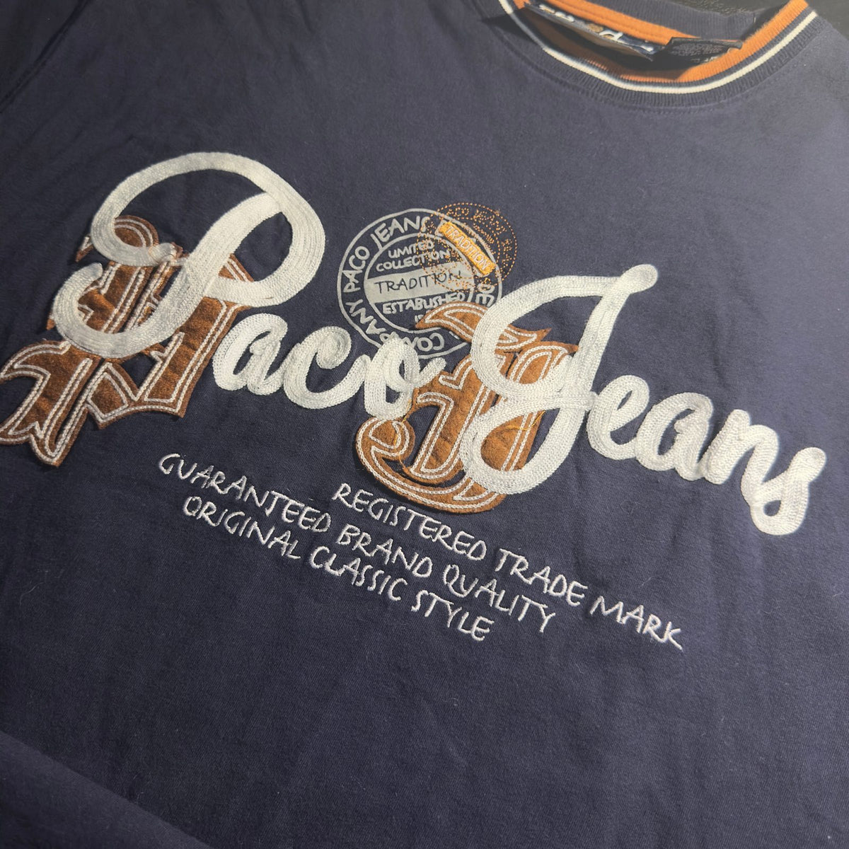 Paco Jeans Embroidered Logo Ringer Tee Mens XL Navy