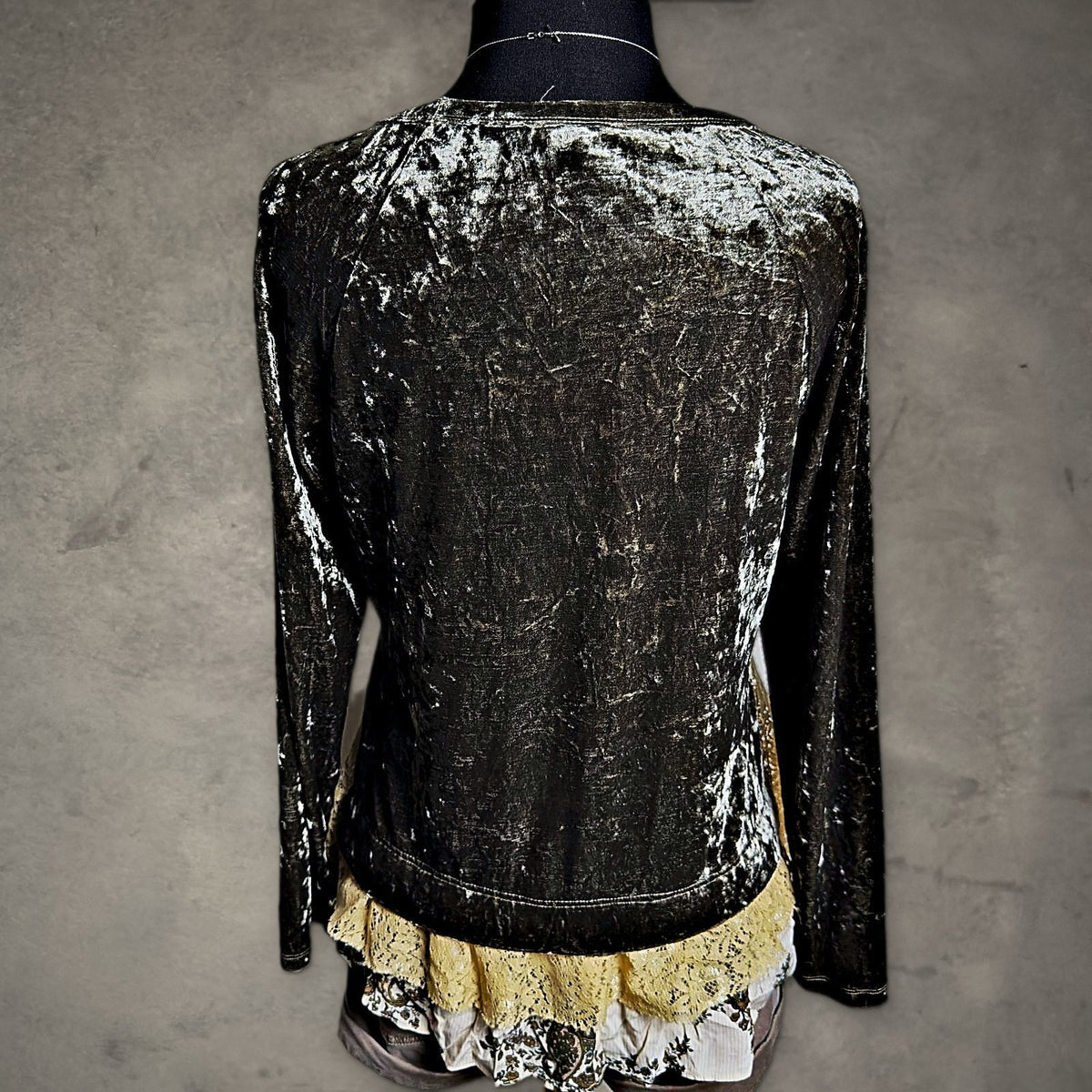 Mystree Crushed Velvet Lace Top Womens M Olive Green Boho