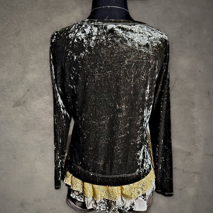 Mystree Crushed Velvet Lace Top Womens M Olive Green Boho