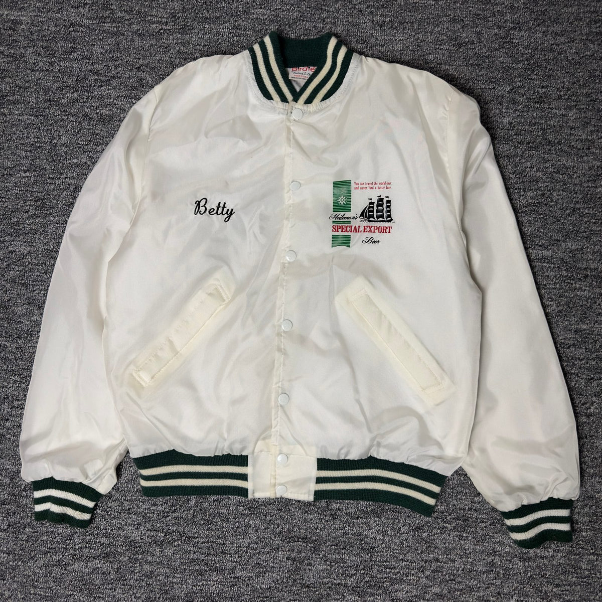 Birdie Heileman's Beer Satin Bomber Jacket S White Green