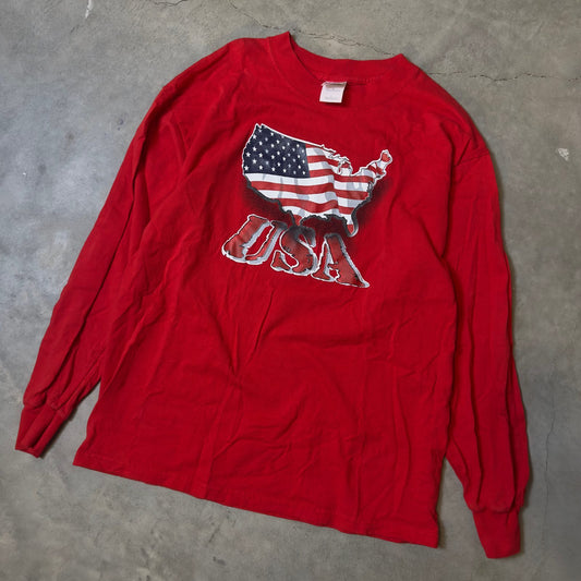 Gildan USA Flag Graphic Long Sleeve Tee Mens L Red Classic