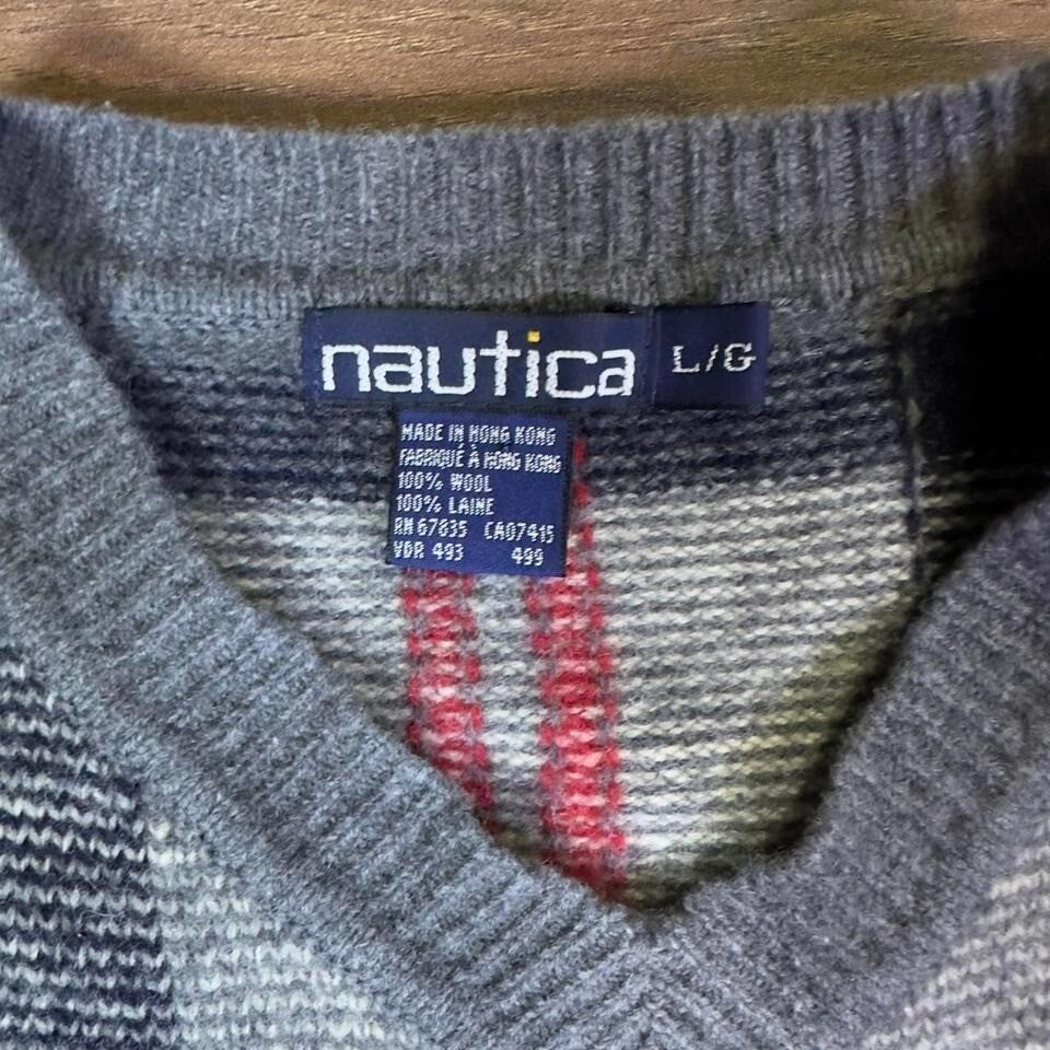 Nautica Plaid V-Neck Wool Sweater Men's Large Knit Pullover