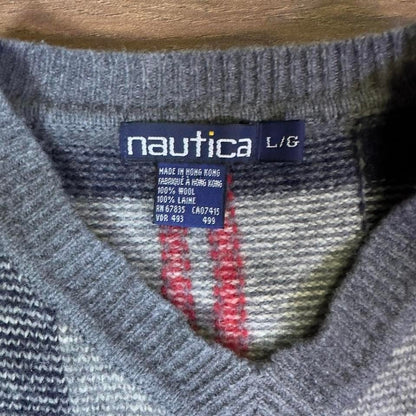 Nautica Plaid V-Neck Wool Sweater Men's Large Knit Pullover