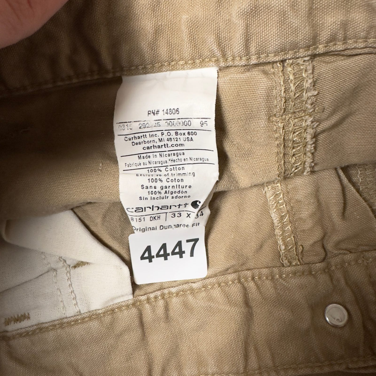 Carhartt B151 Dungaree Pants Mens 33x34 Dark Khaki Baggy
