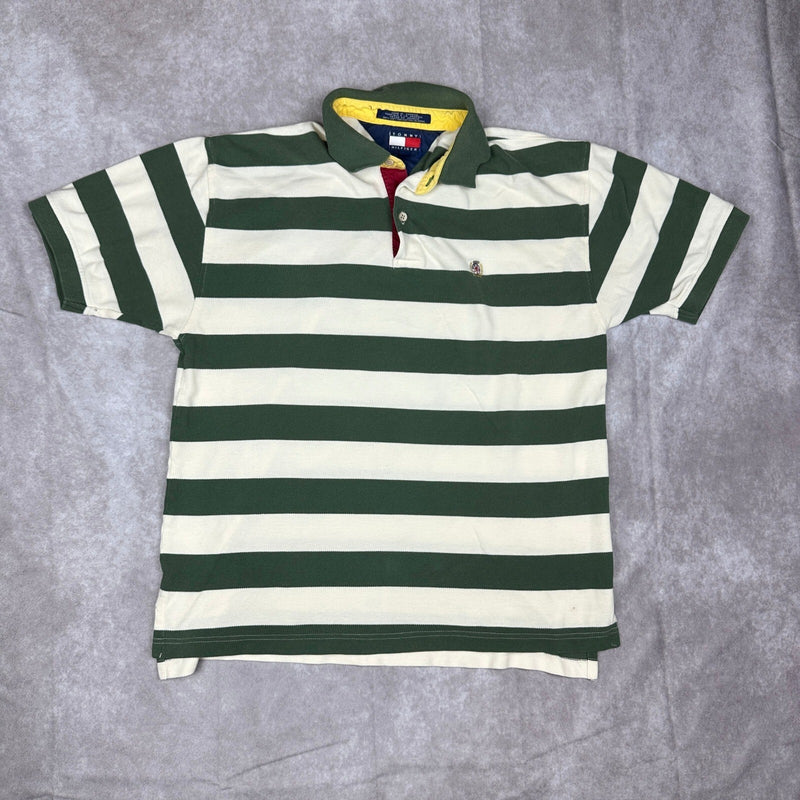 Vintage 90s Tommy Hilfiger Striped Polo Mens L Green Crest