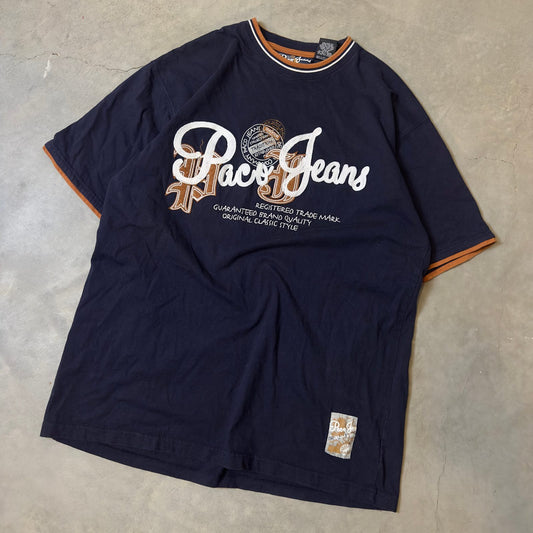 Paco Jeans Embroidered Logo Ringer Tee Mens XL Navy