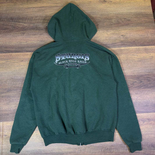 Y2K Jerzees Sturgis Rally 2008 Full Zip Hoodie Green Biker