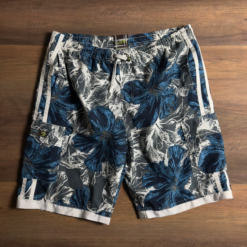 Y2K Banana Split BSP Board Shorts Blue White Floral Hibiscus