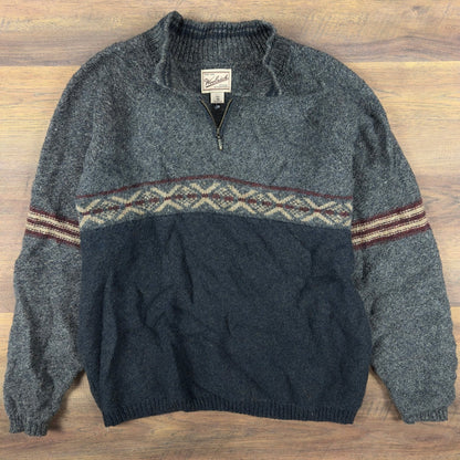 Vintage Woolrich Fair Isle Quarter Zip Sweater Mens XL Grey