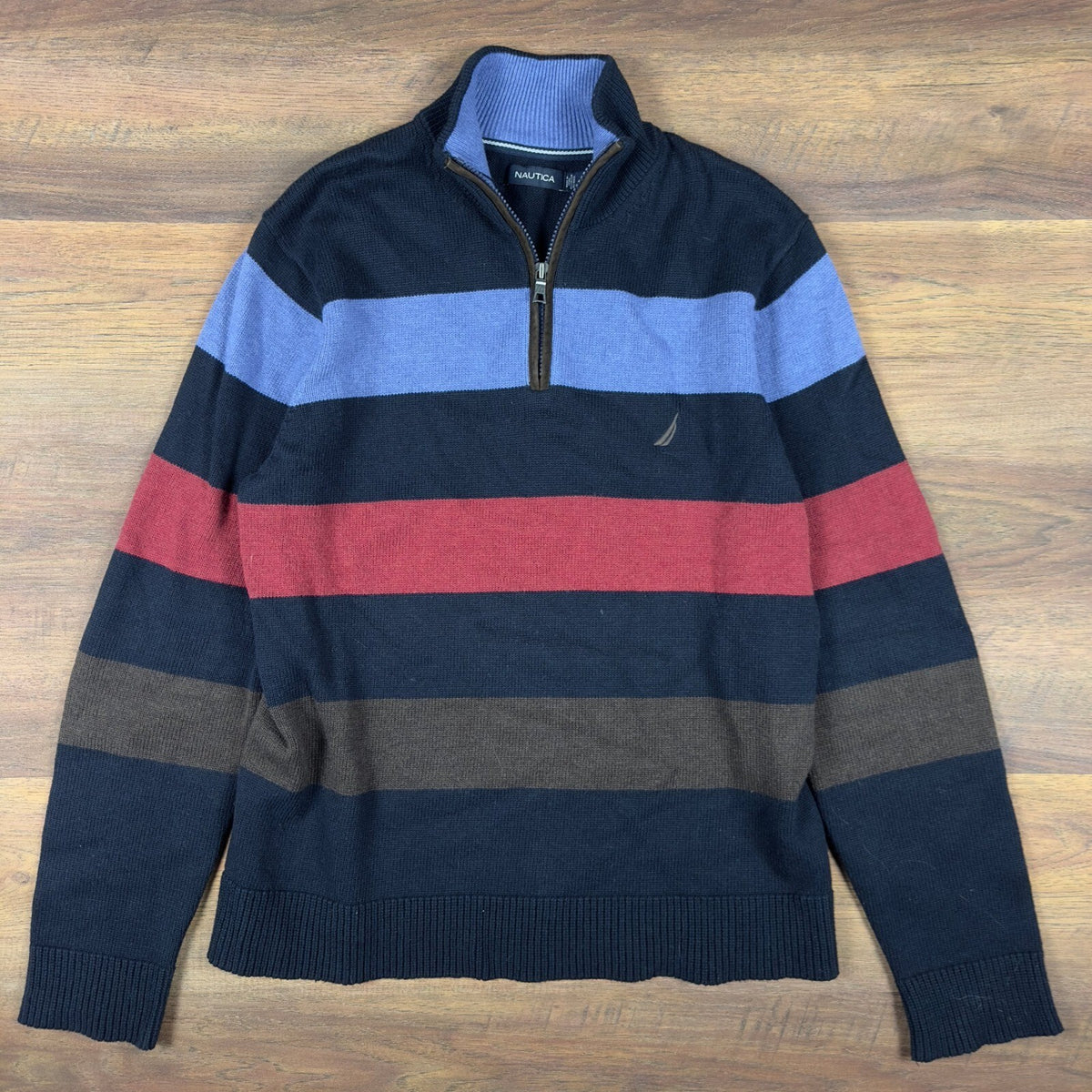 Nautica Striped Quarter Zip Sweater Mens M Navy Blue Red