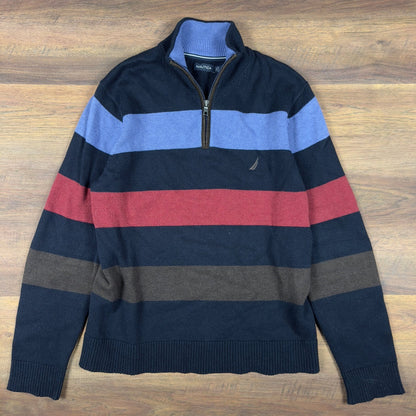 Nautica Striped Quarter Zip Sweater Mens M Navy Blue Red