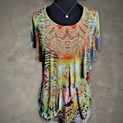 One World Boho Printed Top Womens L Multicolor Lace Back