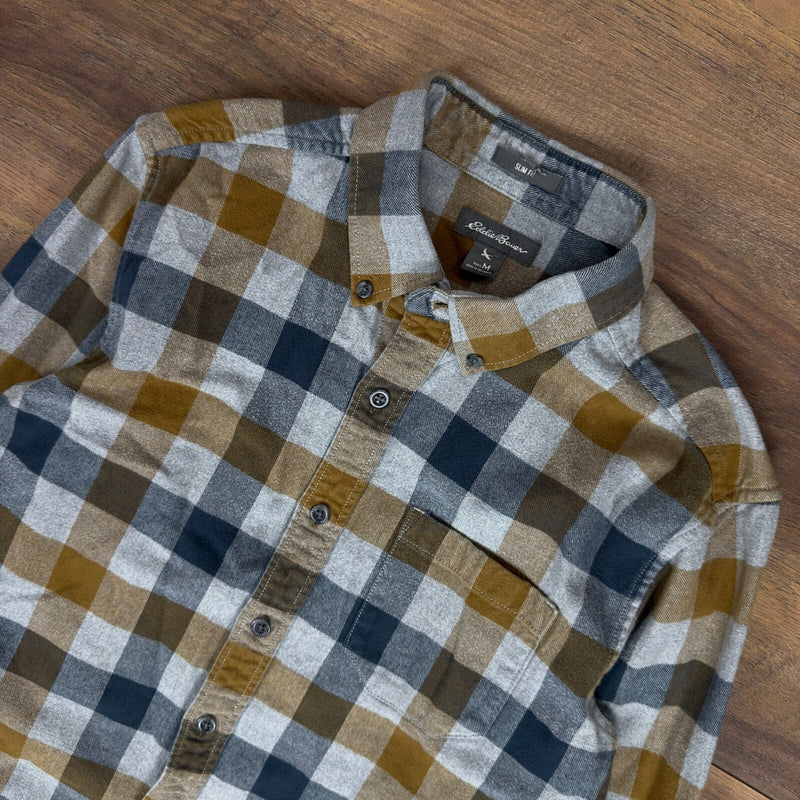 Eddie Bauer Mens Plaid Button Down Shirt Brown Grey Medium
