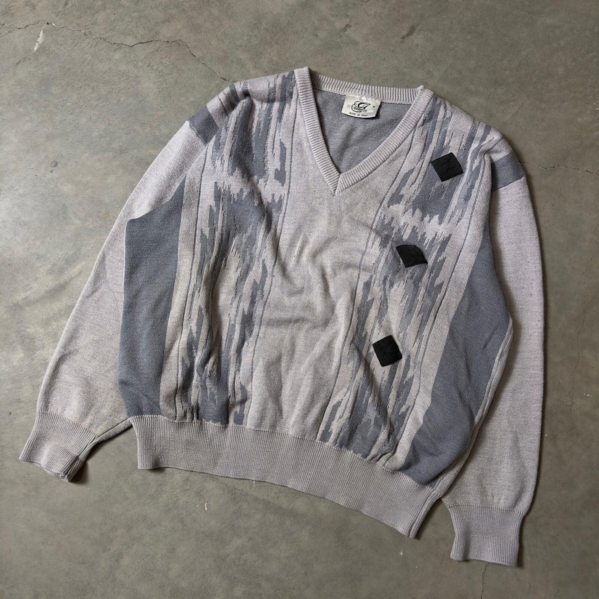 Vintage Gabicci V-Neck Sweater Mens M Grey Abstract Knit
