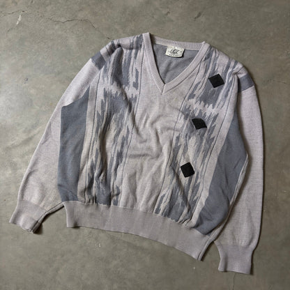 Vintage Gabicci V-Neck Sweater Mens M Grey Abstract Knit