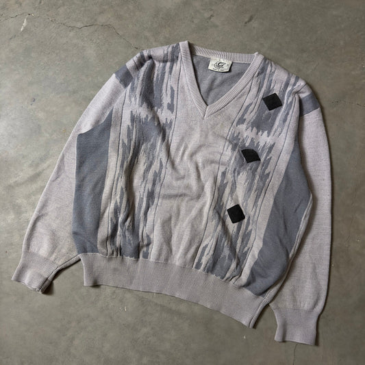 Vintage Gabicci V-Neck Sweater Mens M Grey Abstract Knit