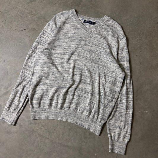 Nautica V-Neck Sweater Mens Large Grey Marl Cotton Classic