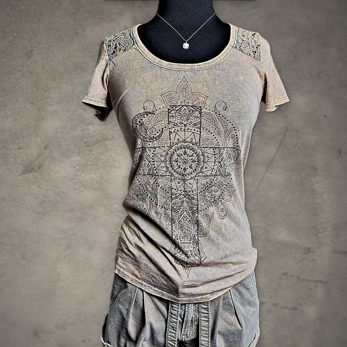 Daytrip Studded Cross Graphic Tee Womens S Tan Lace Boho