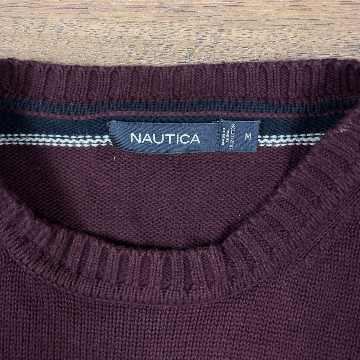 Nautica Striped Crewneck Sweater Mens M Burgundy Navy White