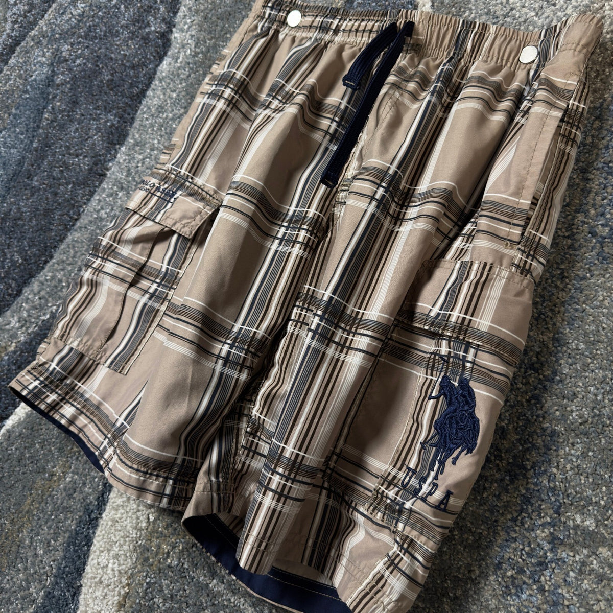 US Polo Assn Plaid Swim Trunks Mens L Tan Navy Board Shorts