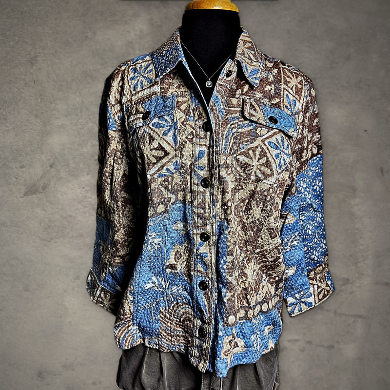 Multiples Patchwork Print Jacket Womens XL Blue Brown Boho