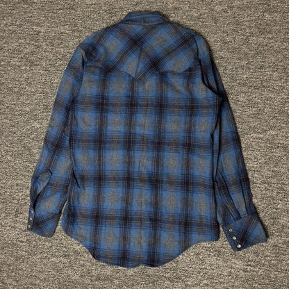 Wool Western Pearl Snap Flannel Shirt Mens Blue Plaid Ranch