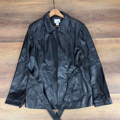 East 5th Womens Genuine Leather Zip Front Belted Jacket Black XL RN 93877