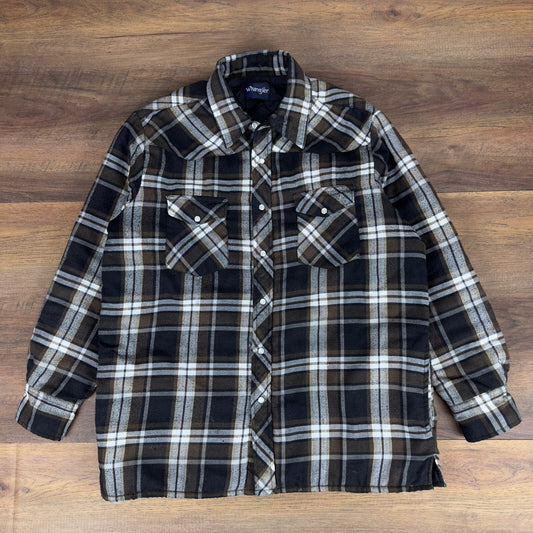 Wrangler Mens Plaid Quilted Lined Flannel Shirt Jacket Brown Black Western XL