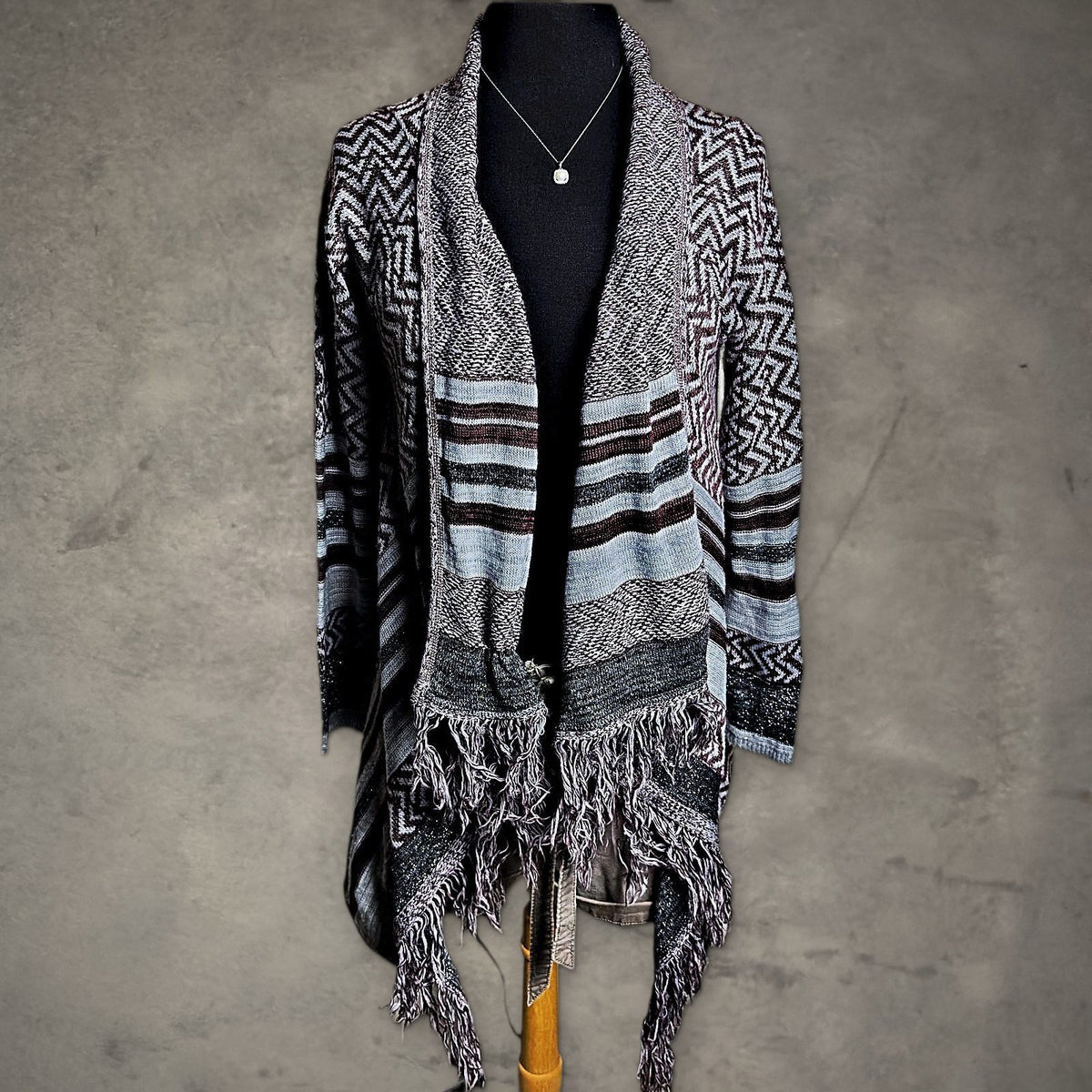 Vanity Open Front Fringe Cardigan Womens Brown Boho Knit