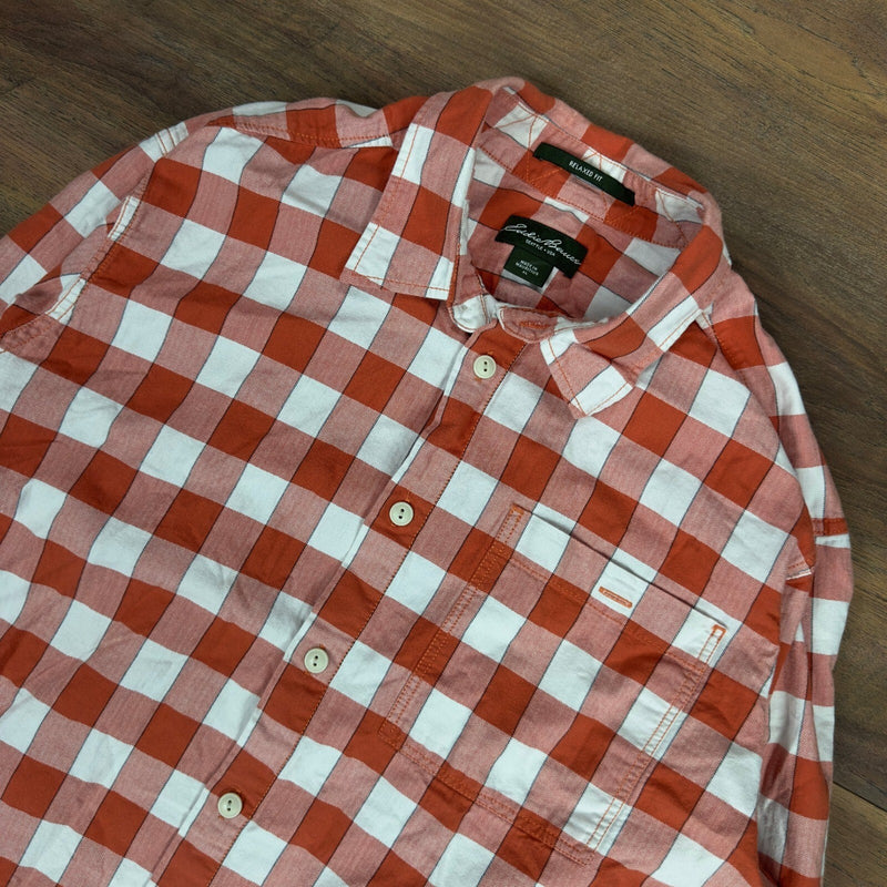 Eddie Bauer Mens Plaid Button Down Shirt Orange White XL