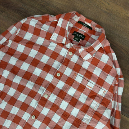 Eddie Bauer Mens Plaid Button Down Shirt Orange White XL