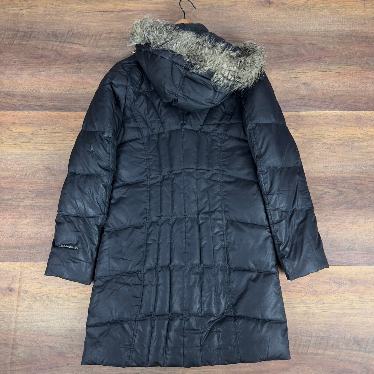 Eddie Bauer Sun Valley Down Parka Black Faux Fur Hood Women XS Long Puffer Coat