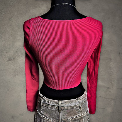 Express Body Contour Ribbed Wrap Crop Top Womens S Hot Pink