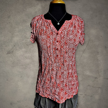 Laura Scott Crinkle Blouse Womens S Orange Medallion Boho