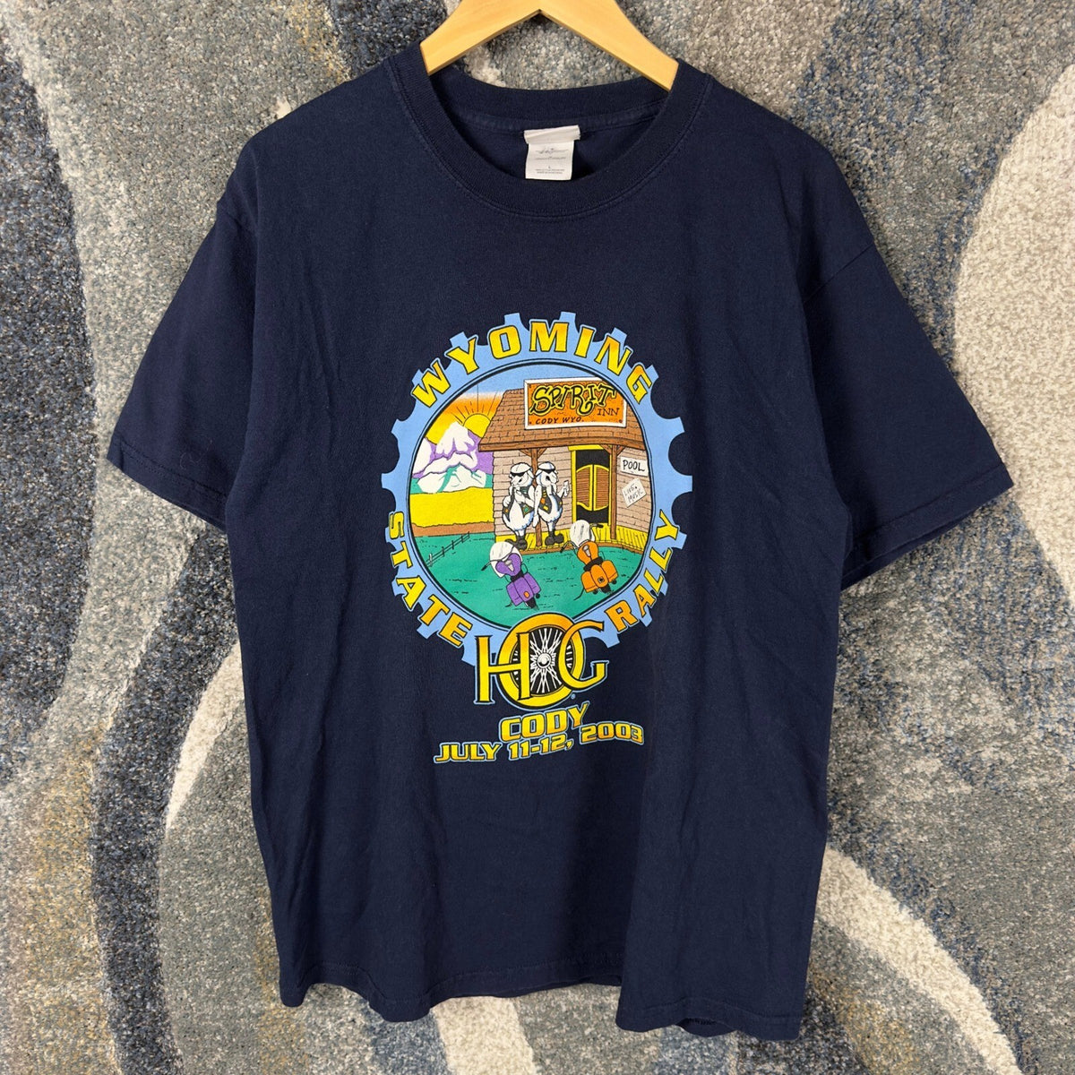 Vintage HOG Wyoming State Rally 2003 Tee Mens L Navy Cody
