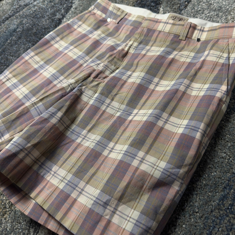 Vintage Anthony Foxx Madras Plaid Shorts Mens 36 Tan Baggy