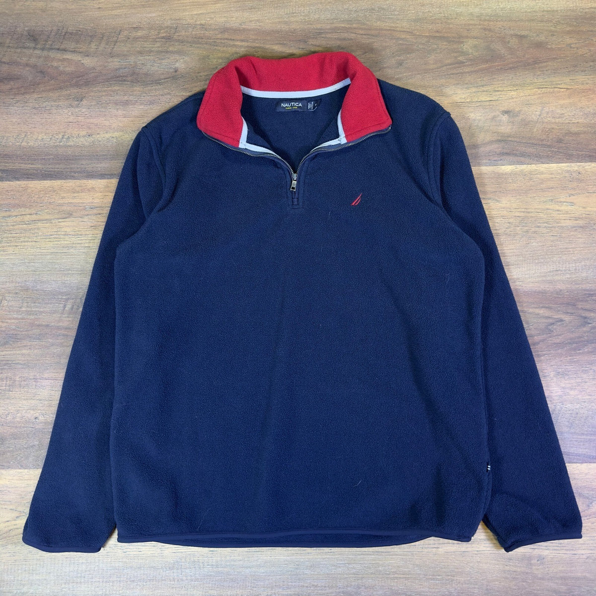 Nautica Quarter Zip Fleece Pullover Navy Red Nautical Preppy