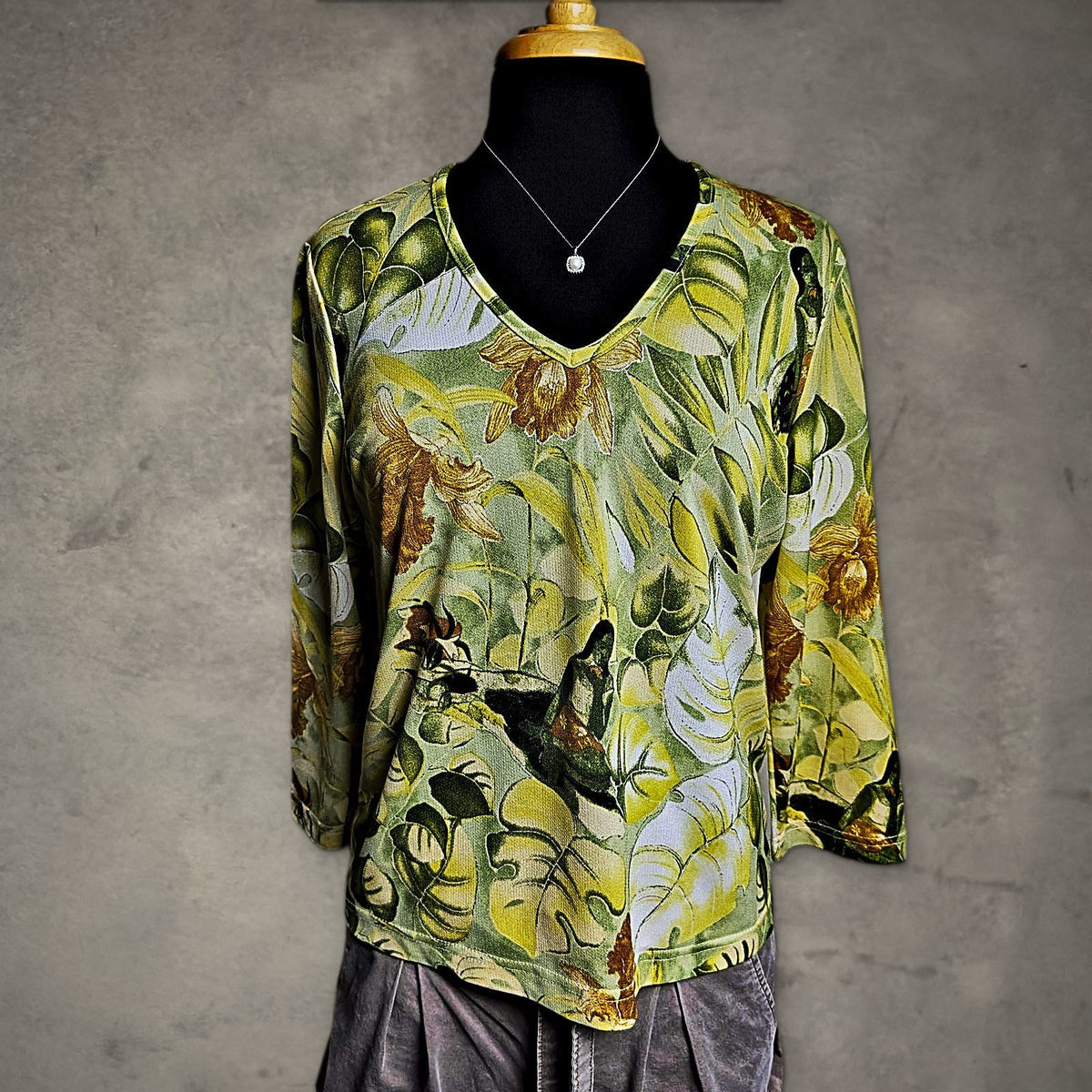 Vintage Méchant Tropical Top Womens L 3/4 Sleeve Green