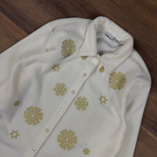 Glitterwear Snowflake Fleece Button Up Womens L Cream Gold