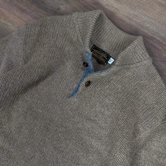 Eddie Bauer Vintage Merino Wool Henley Sweater Mens Medium Brown Mock Neck 1166