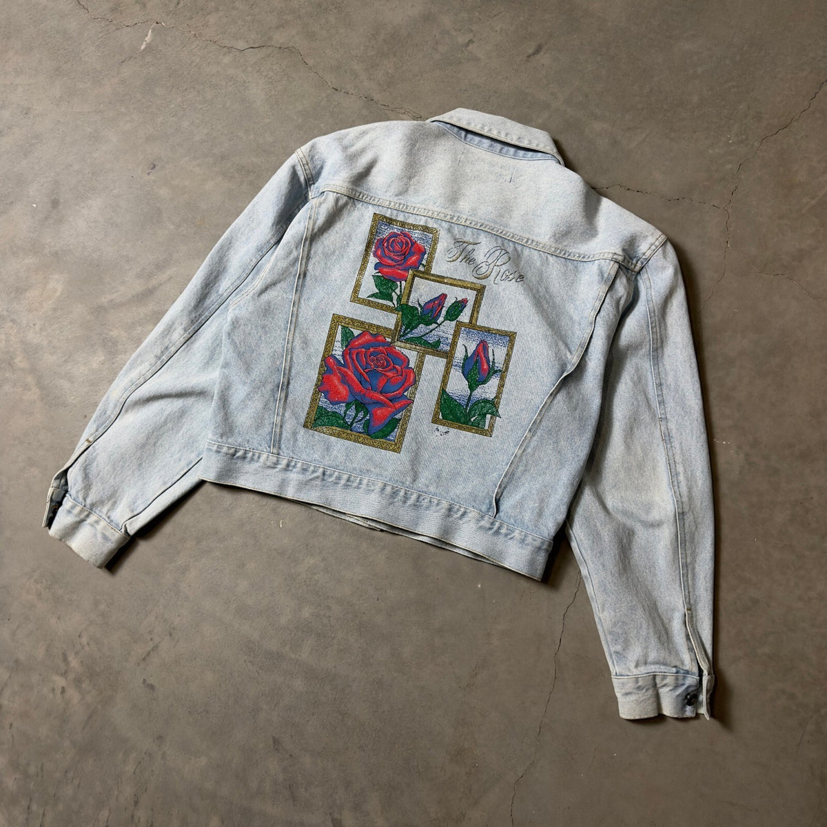 Vintage Merona Denim Jacket Women Medium Light Blue Rose Graphic 90s Boho Retro