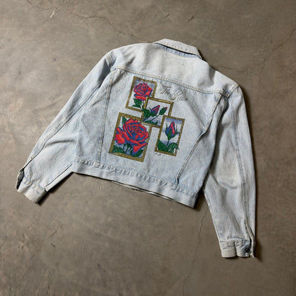 Vintage Merona Denim Jacket Women Medium Light Blue Rose Graphic 90s Boho Retro
