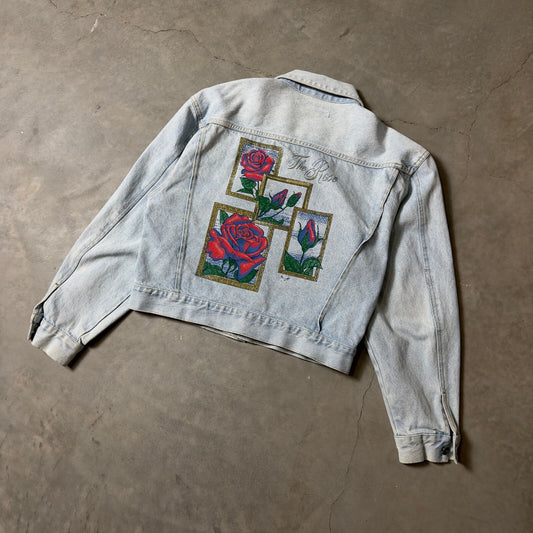 Vintage Merona Denim Jacket Women Medium Light Blue Rose Graphic 90s Boho Retro
