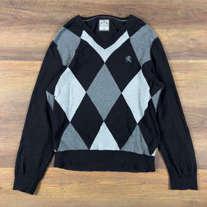 Y2K Express Argyle V-Neck Sweater Mens M Black Grey Knit