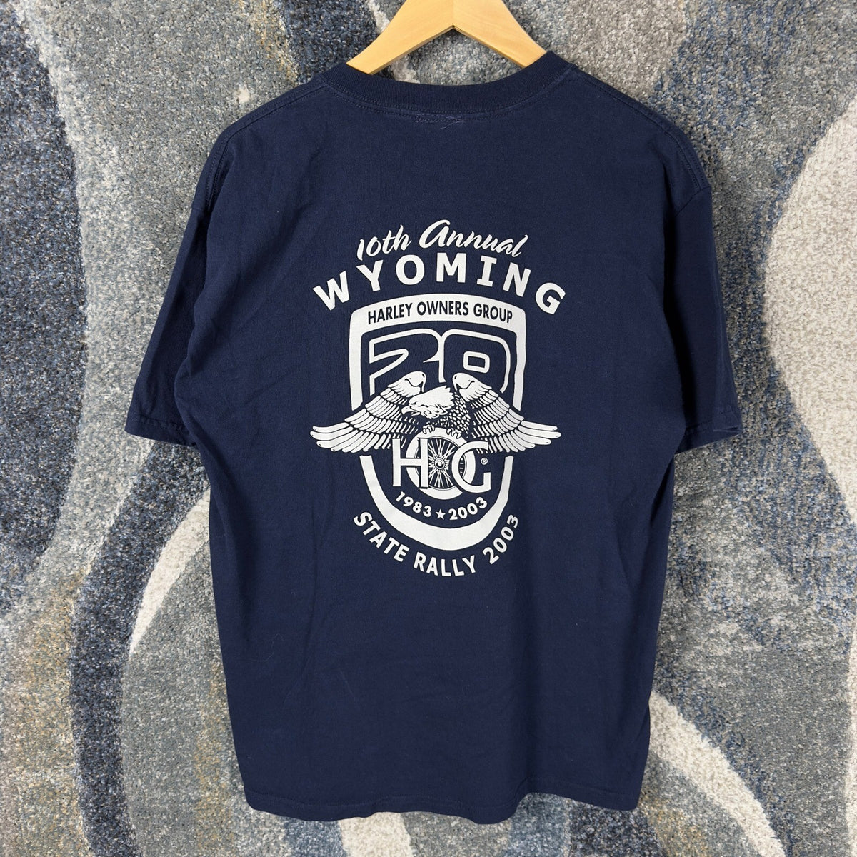 Vintage HOG Wyoming State Rally 2003 Tee Mens L Navy Cody