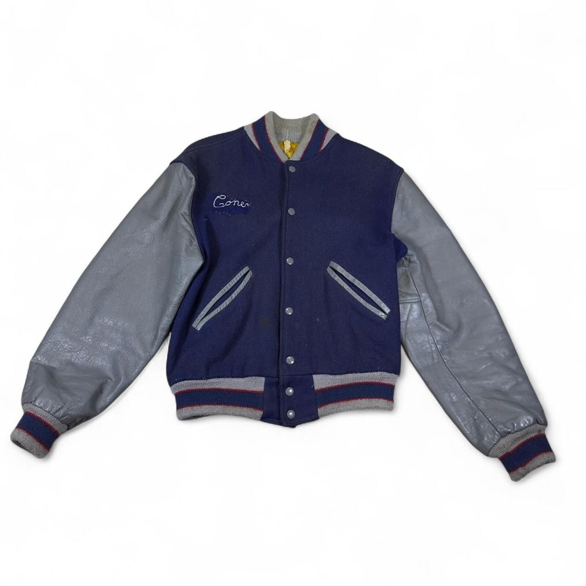 Vintage Unbranded Varsity Letterman Jacket Mens M Navy Blue Grey Leather 70s 76