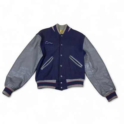 Vintage Unbranded Varsity Letterman Jacket Mens M Navy Blue Grey Leather 70s 76