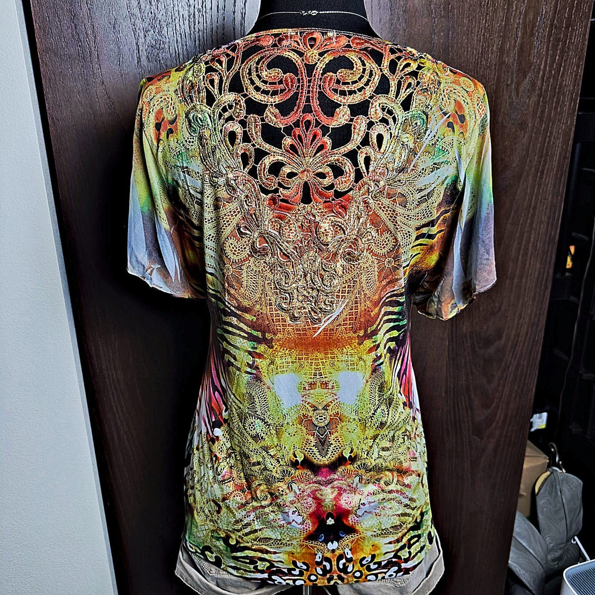 One World Boho Printed Top Womens L Multicolor Lace Back