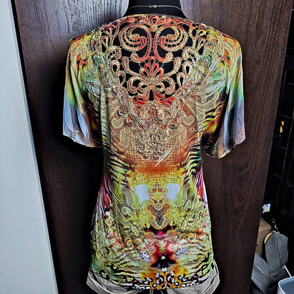 One World Boho Printed Top Womens L Multicolor Lace Back