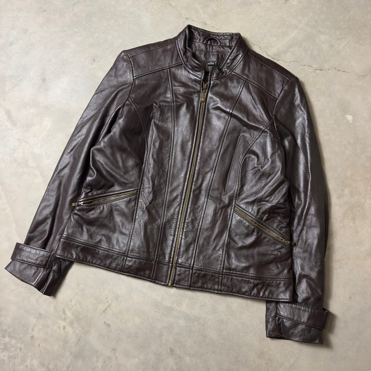 Tribal Leather Moto Jacket Womens 14 Brown Perforated Zip Mock Neck Minimalist